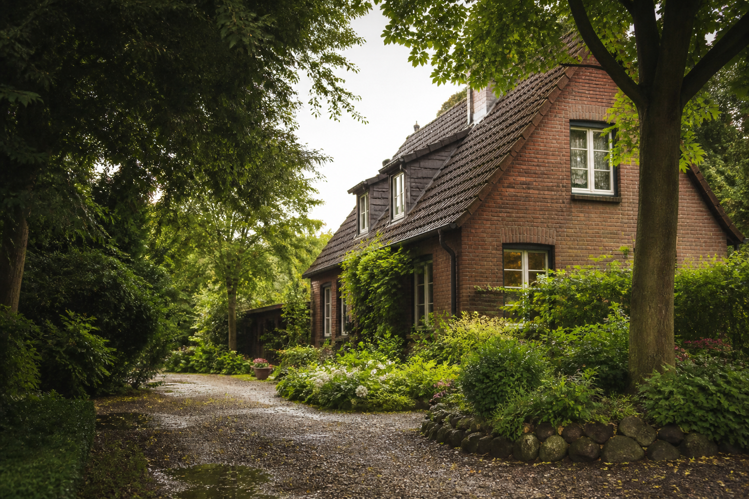 KI-Illustration eines Backsteinhauses im Garten ohne tatsächlichen örtlichen Objektbezug